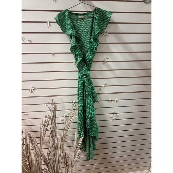Max Studio Green Printed Asymmetric Midi Wrap Dress Ruffle Detail Size Large - Picture 4 of 5